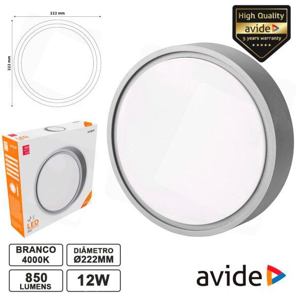 Aplique LED Redondo 12W 222mm 4000k 850lm IP54 AVIDE - (ABHL54-RG-12W-NW)