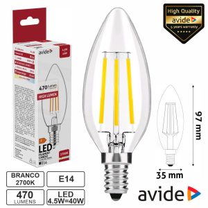 Lâmpada LED E14 Vela Filamento 4.5W 230V 2700K 470lm AVIDE - (ABLFC14WW-4.5W)