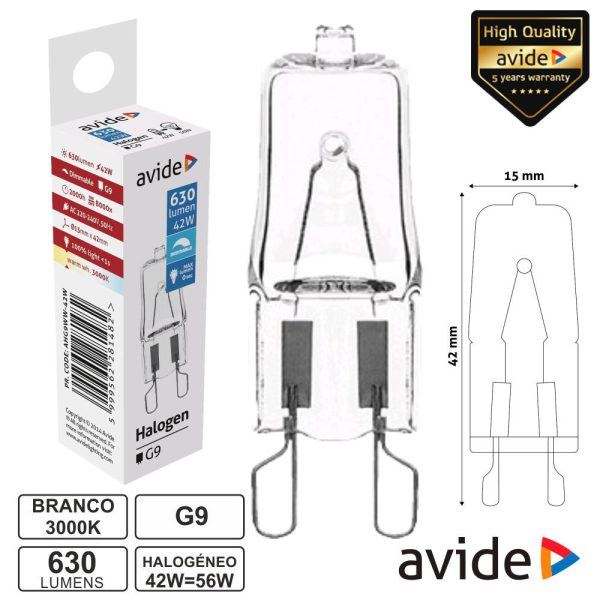 Lâmpada G9 42W=56W 230V Halogéneo 630lm AVIDE - (AHG9WW-42W)