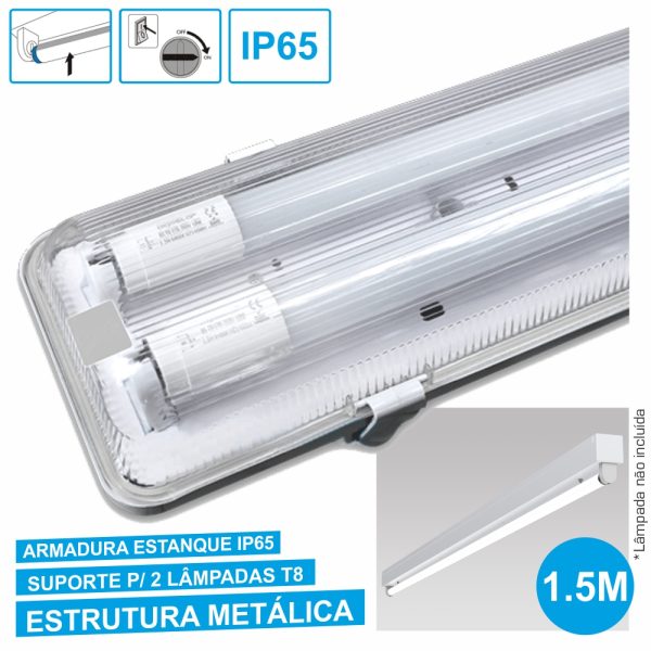 Armadura Estanque 150cm P/ 2 Lâmpadas Led Tubular T8 - (ALTT1502E(E))