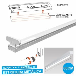 Armadura 60cm P/ 2 Lâmpadas Tubulares T8 G13 - (ALTT602G13(E))