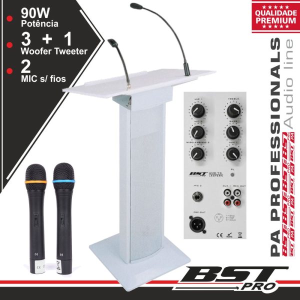 Sistema Conferência Amplificado 3 Colunas Mic Luz 90W Branco - (AMC73)