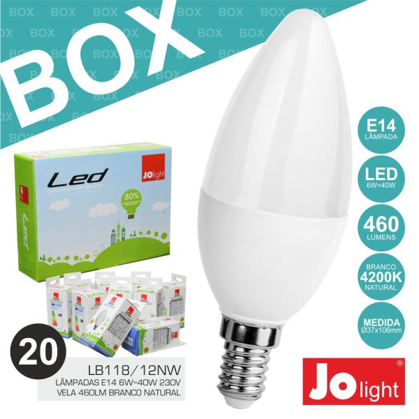 Box 20 Lâmpadas E14 6W=40W 230V Vela 4200K Jolight - (BOXLB118/12NW)