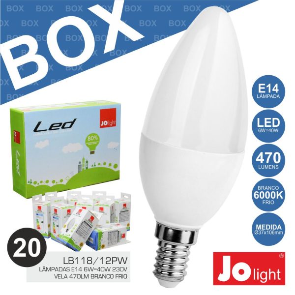 Box 20 Lâmpadas E14 6W=40W 230V Vela 6000K Jolight - (BOXLB118/12PW)