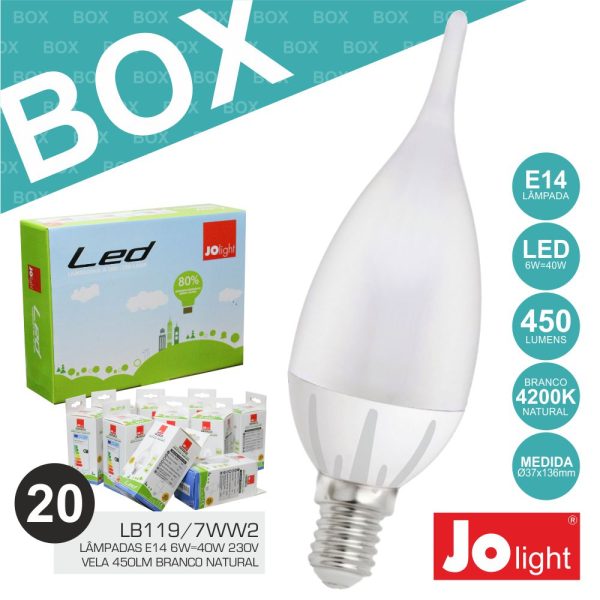 Box 20 Lâmpadas E14 6W=40W 230V Vela Branco Natural Jolight - (BOXLB119/7NW)