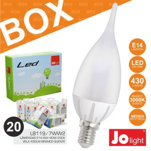 Box 20 Lâmpadas E14 6W=40W 230V Vela Branco Quente Jolight - (BOXLB119/7WW2)