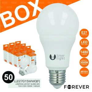 Box 50 Lâmpadas LED E27 Globo A65 15W 230V 3000k 1480lm - (BOXLLE27G15WWO50-F)