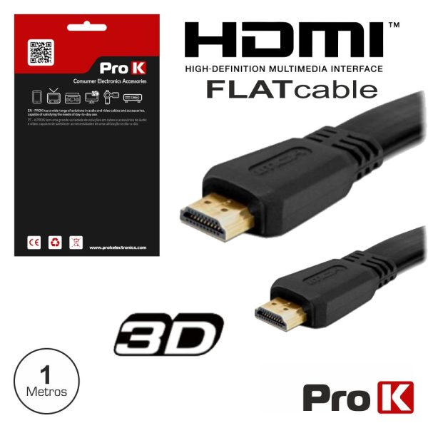 Cabo HDMI Dourado Macho / Macho 1.4 Preto 1M Flat PROK - (CHDMI1AF)