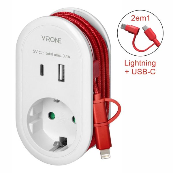 Ficha Elétrica Adaptadora 1x Schuko / USB-A/USB-C VIRONE - (CS-2(GS))