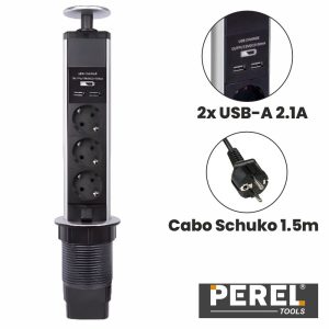 Tomada Elétrica Encastrar 3x Schuko 2x USB-A Preta PEREL - (EBP03LUSB-G)