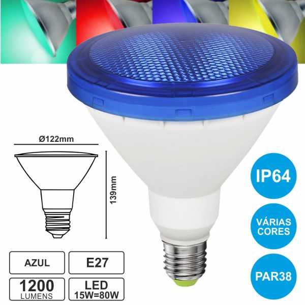 Lâmpada E27 15W=80W 230V LED Par38 Azul Ip64 1200lm - (EL-758)