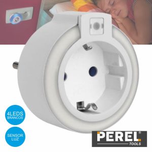 Luz De Presença C/ Tomada Branco 4 LEDS E Sensor 230V Perel - (ENL2-G)