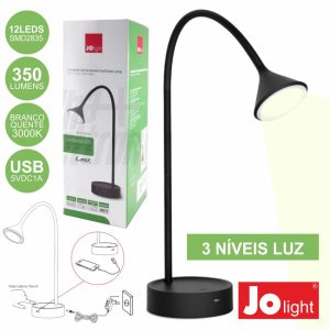 Candeeiro Secretária LED C/ Entrada USB Preto JOLIGHT - (JO384N)