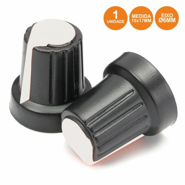 Botão P/ Potenciómetro Preto C/ Linha Branca 15x17mm - (KNOB069)