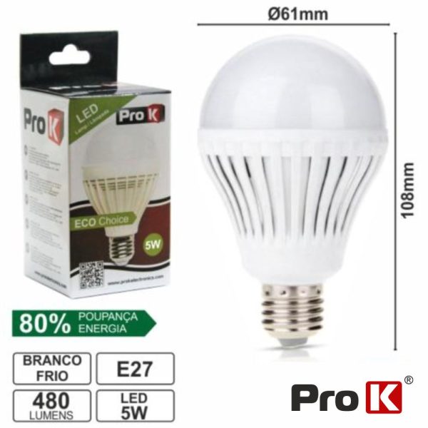 Lâmpada E27 5W=25W 230V 18 LEDS Globo Branco Frio 480lm PROK - (LLE27G05CW(P))