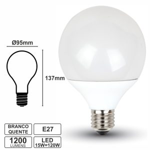 Lâmpada E27 15W=120W 230V LEDS Globo Branco Quente 1200lm - (LLE27G15WW(E))