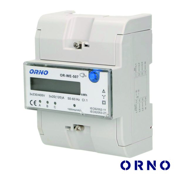 Contador de Energia 230V/120A 3 Módulos P/ Calha Din ORNO - (OR-WE-507)