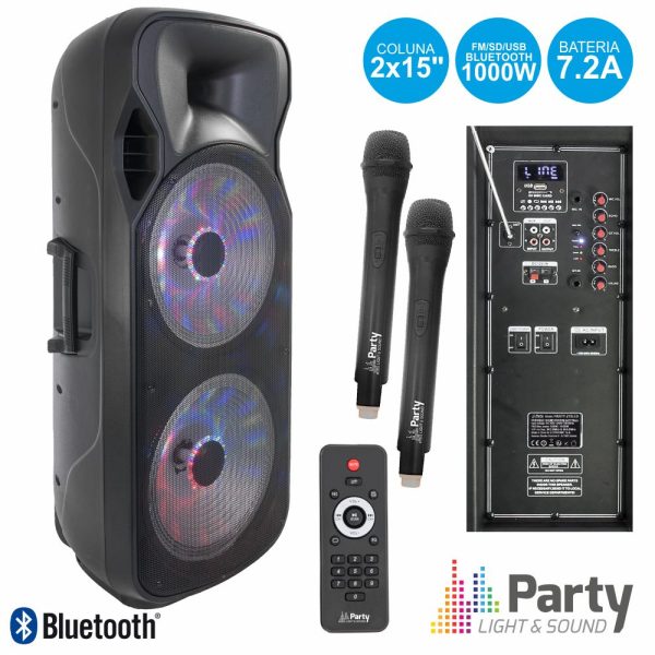 Coluna Amplificada 2x15" 1000W USB/FM/BT/SD/Bat Uhf Preta - (PARTY-215LED-MKII)