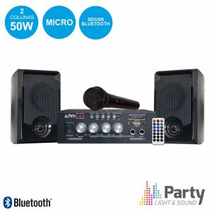 Conjunto Amplificador 2x50W 2 Colunas Mic BT PARTY - (PARTY-KA100)