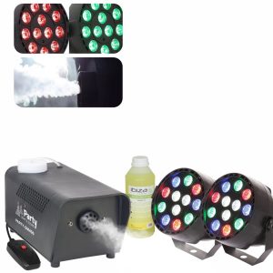 2x Projetor PAR 12 LEDs Máquina de Fumo 400W e Líquido Fumo - (PARTY-SET-02)