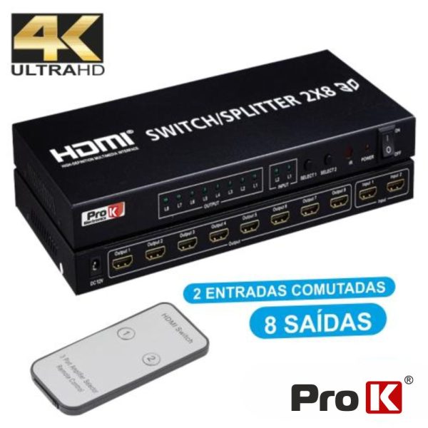 Distribuidor HDMI Amplificado 2 Entradas 8 Saídas 4k PROK - (PK-HDMI2E8S)