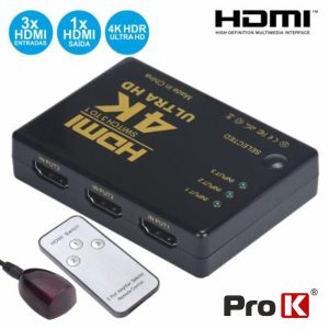 Distribuidor HDMI Amplificado 3 Entradas 1 Saída Ir PROK - (PK-HDMI3E1SIR)