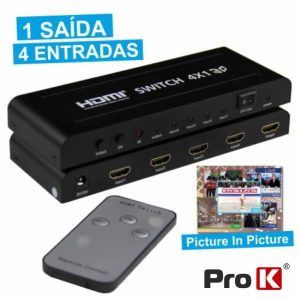 Distribuidor Comutador HDMI 4 Entradas 1 Saída Pip PROK - (PK-HDMI4E1S-C)