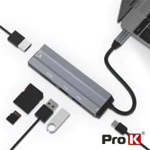 Hub USB-C P/ USB-C / 2xUSB / HDMI / Cartões SD PROK - (PK-USBC-6IN1)