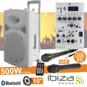 Coluna Amplificada 10" 500W USB/BT/SD/Bat Vhf Branco IBIZA - (PORT10VHF-BT-WH)