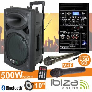 Coluna Amplificada 10" 500W USB/BT/SD/Bat Vhf Preta IBIZA - (PORT10VHF-BT)