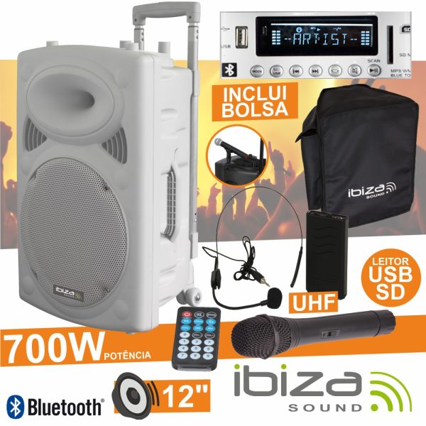 Coluna Amplificada 12" 700W USB/BT/SD/Bat Uhf Branco IBIZA - (PORT12UHF-BT-WH)