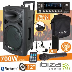 Coluna Amplificada 12" 700W USB/BT/SD/Bat Uhf Preta IBIZA - (PORT12UHF-BT)