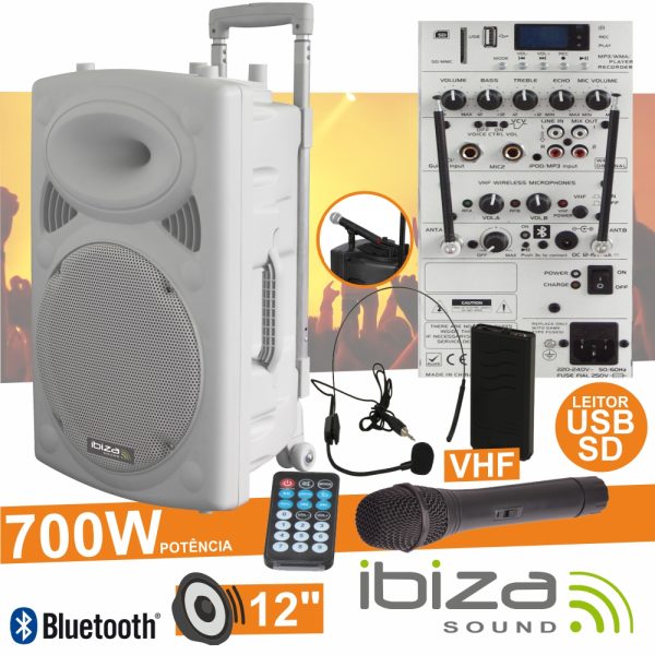 Coluna Amplificada 12" 700W USB/BT/SD/Bat Vhf Branco IBIZA - (PORT12VHF-BT-WH)