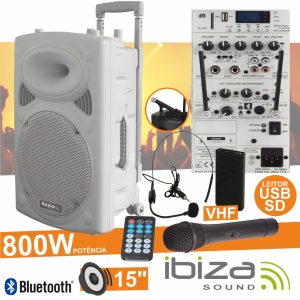 Coluna Amplificada 15" 800W USB/BT/SD/Bat Vhf Branco IBIZA - (PORT15VHF-BT-WH)