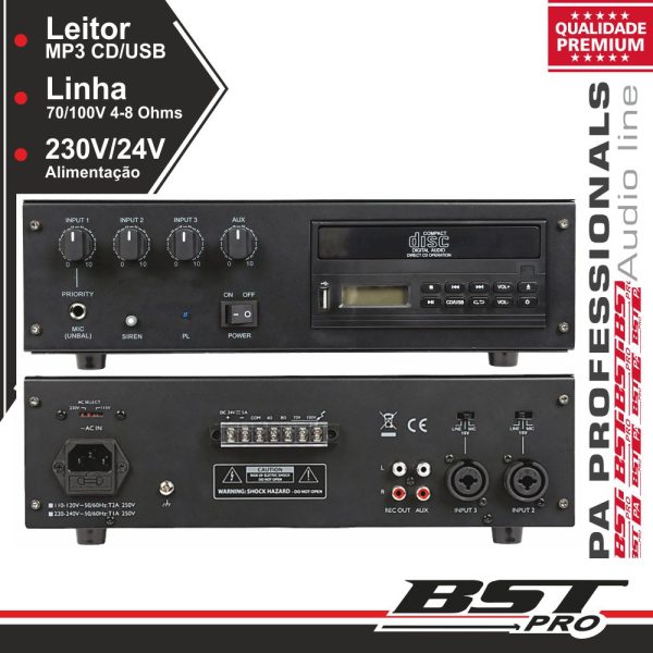 Amplificador Pa 100v Leitor Cd/USB Phantom 30W BSTPRO - (UPA30CD)