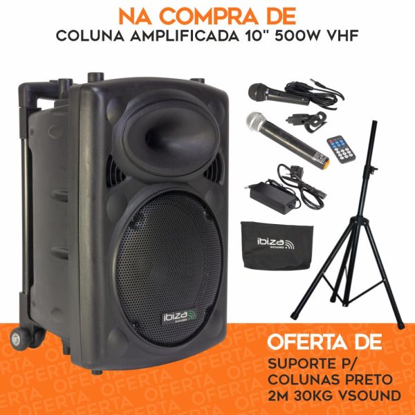 PACK Coluna Amplificada 10" 500W VHF C/ OFERTA Suporte IBIZA - (VPACK-OFERTA-IB01)