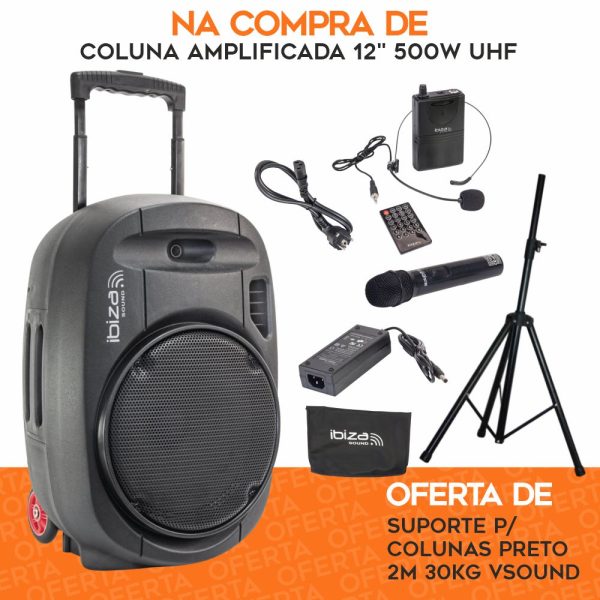 PACK Coluna Amplificada 12" 700W UHF C/ OFERTA Suporte IBIZA - (VPACK-OFERTA-IB02)