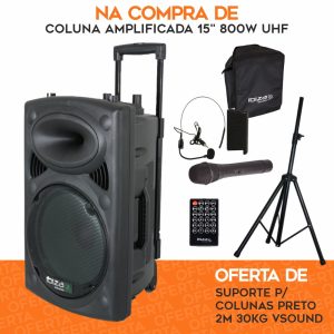 PACK Coluna Amplificada 15" 800W UHF C/ OFERTA Suporte IBIZA - (VPACK-OFERTA-IB05)