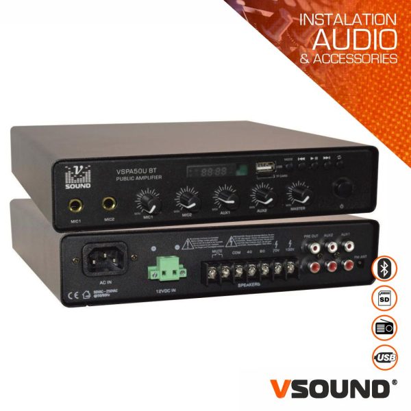 Amplificador 12/230V 50W 100V/8/4Ohm USB/MP3/BT/FM VSOUND - (VSPA50UBT)