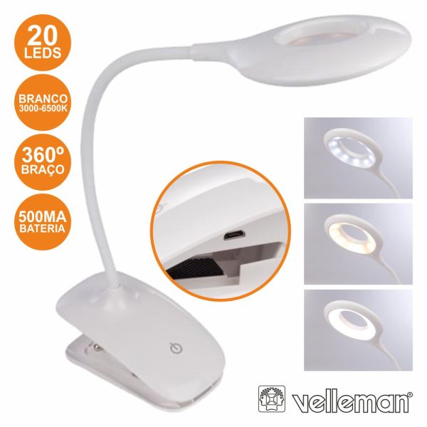 Candeeiro 20 LEDS P/ Bancada C/ Mola E Bat VELLEMAN - (VTLLAMP15)