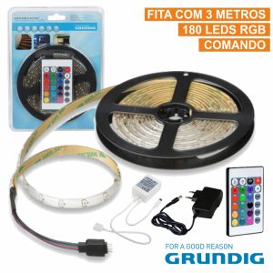 Kit Fita 180 LEDS 3528 Impermeável 12V 3m RGB C/ Comando - (22235)