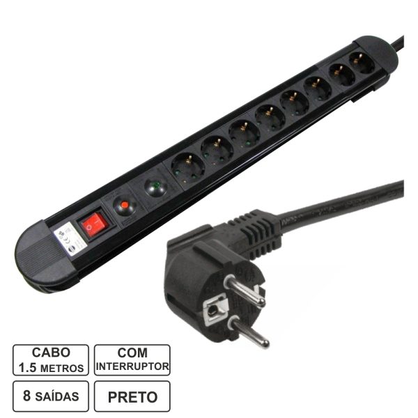 Extensão Elétrica 8x Schuko Interruptor Proteção 1.5m Edh - (36.257)