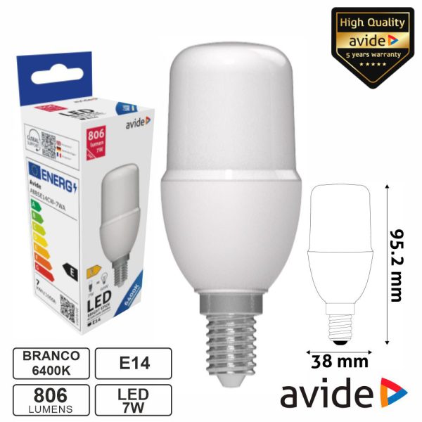 Lâmpada LED E14 Stick T37 7W 230V 6400K 806lm AVIDE - (ABBSE14CW-7WA)