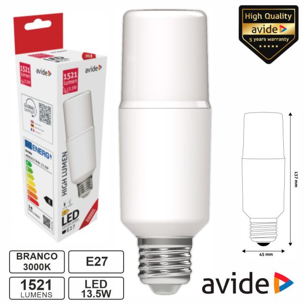 Lâmpada LED E27 Stick T45 13.5W 230V 3000K 1521lm AVIDE - (ABBSE27WW-13.5W)