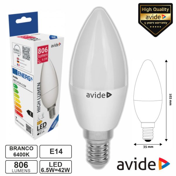 Lâmpada LED E14 Vela 6.5W 230V 6400K 806lm AVIDE - (ABC14CW-6.5W)