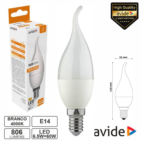 Lâmpada LED E14 Vela 6.5W 230V 4000K 806lm AVIDE - (ABC14NW-6.5W-FL)