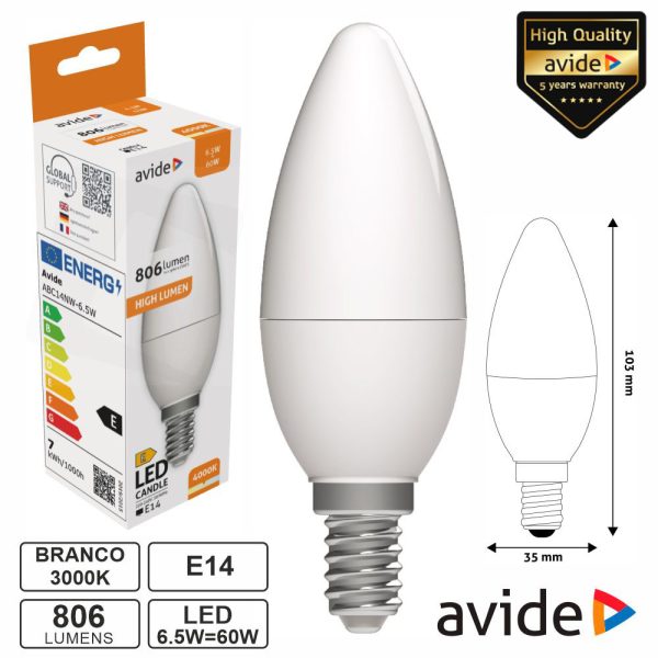 Lâmpada LED E14 Vela 6.5W 230V 4000K 806lm AVIDE - (ABC14NW-6.5W)