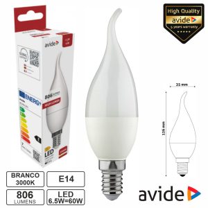 Lâmpada LED E14 Vela 6.5W 230V 3000K 806lm AVIDE - (ABC14WW-6.5W-FL)