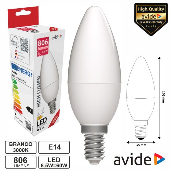 Lâmpada LED E14 Vela 6.5W 230V 3000K 806lm AVIDE - (ABC14WW-6.5W)