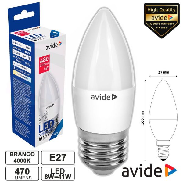 Lâmpada LED E27 Vela 6W 230V 6400k 480lm AVIDE - (ABC27CW-6W)